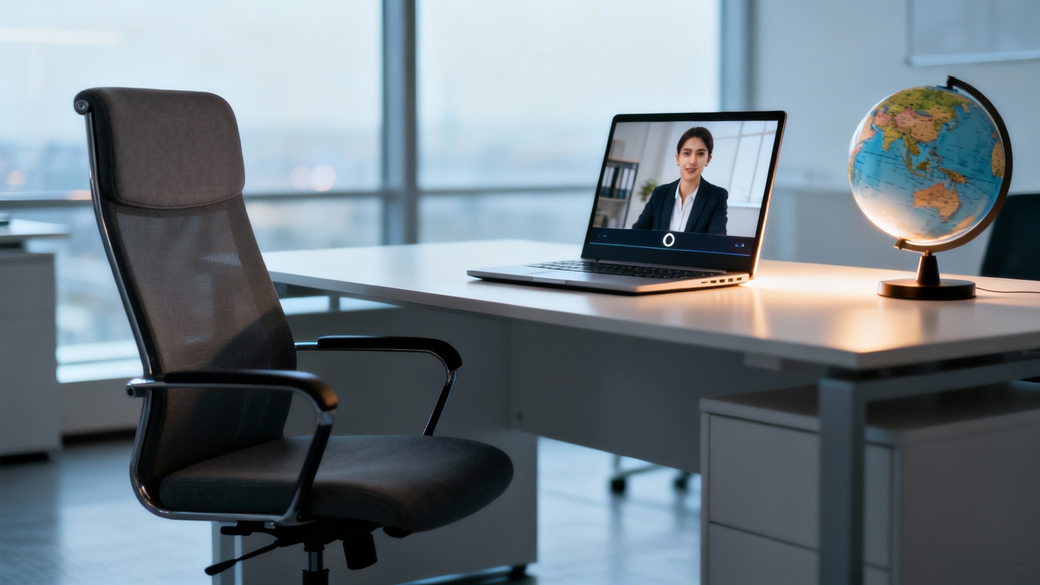 Modern office desk with a laptop displaying a video call, an empty chair, and a globe.