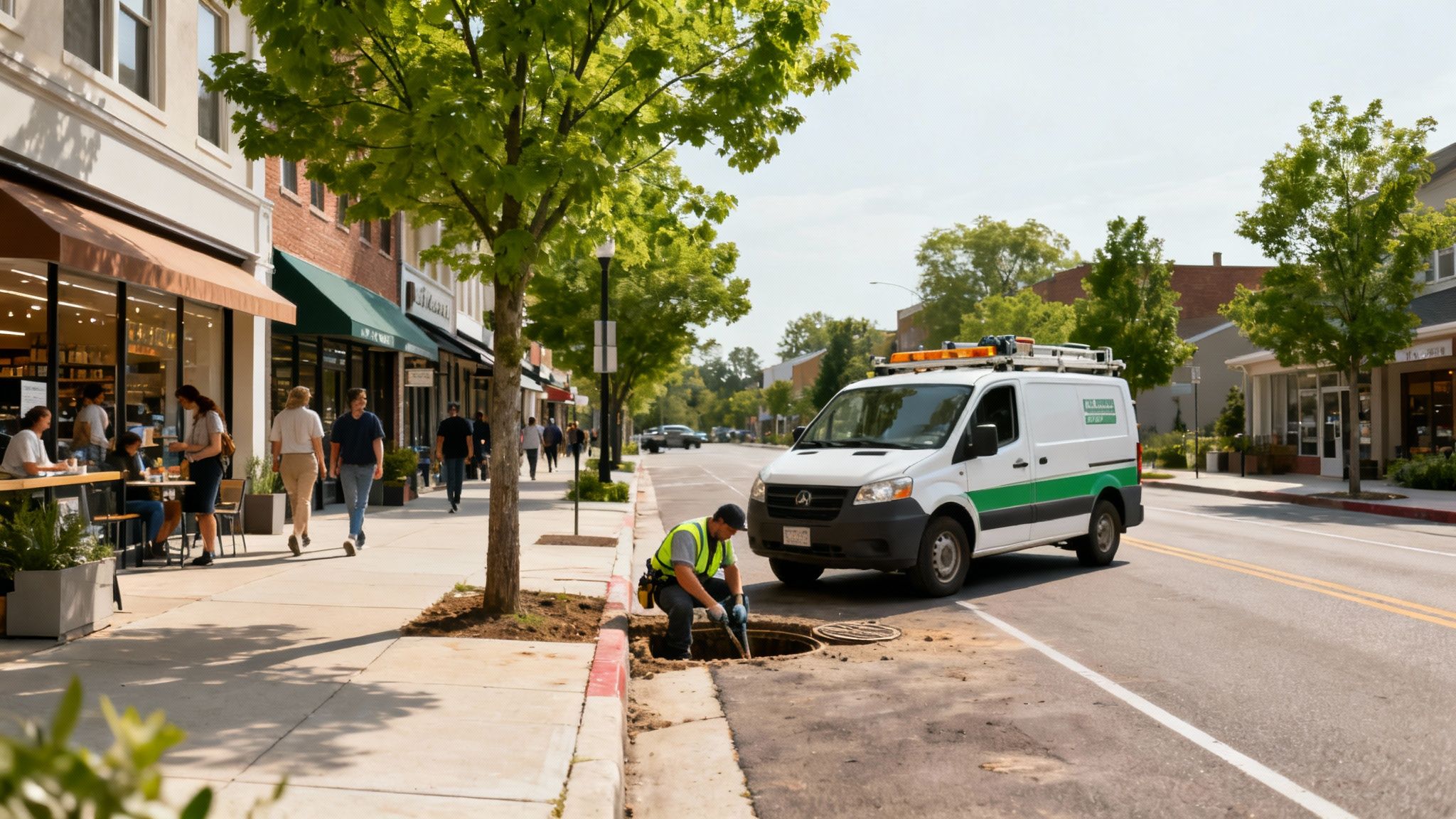 A worker in a high-visibility vest performs sewer work in a trench next to a utility van on a city street.