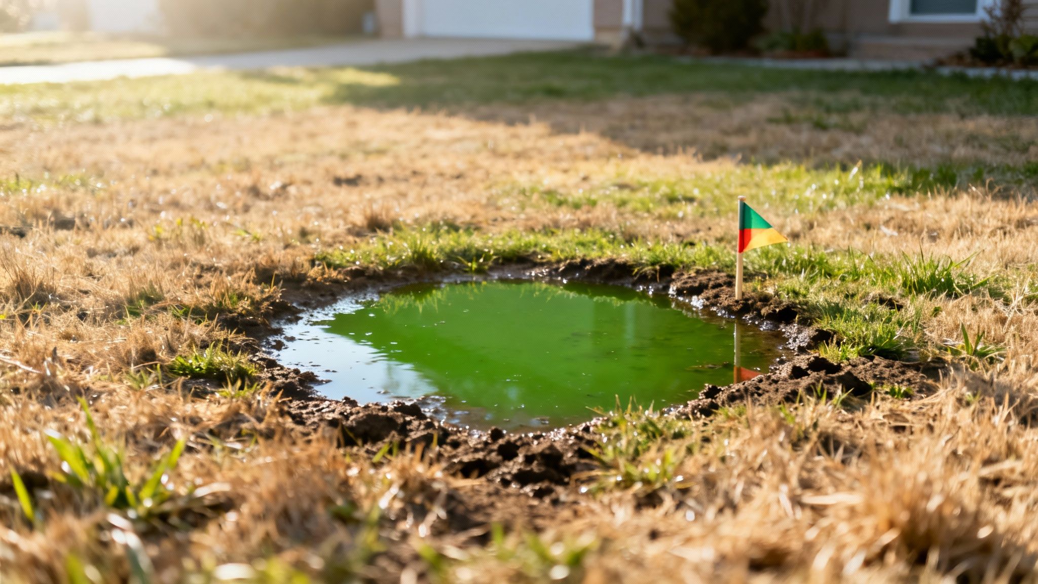 A puddle of green water with a small flag, possibly indicating a leak in a residential yard.