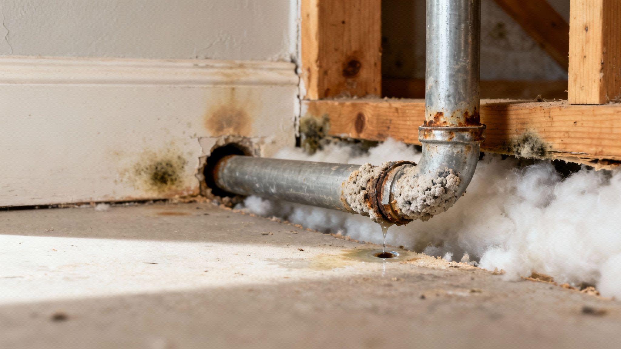 A corroded pipe leaks water onto a concrete floor, revealing mold on walls, wood studs, and insulation.