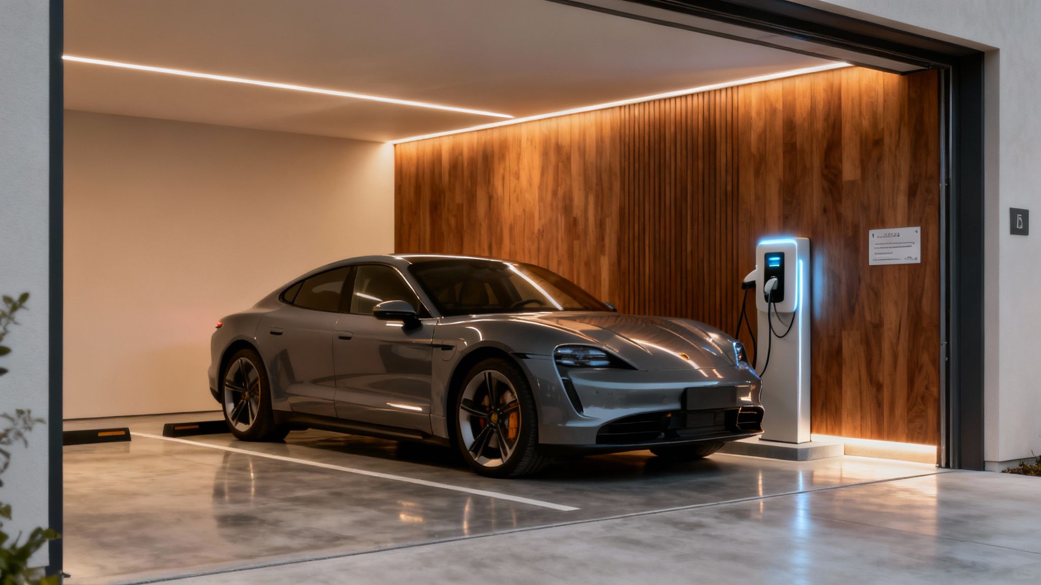 Silver electric vehicle charging in modern luxury garage with wood paneling and ambient lighting