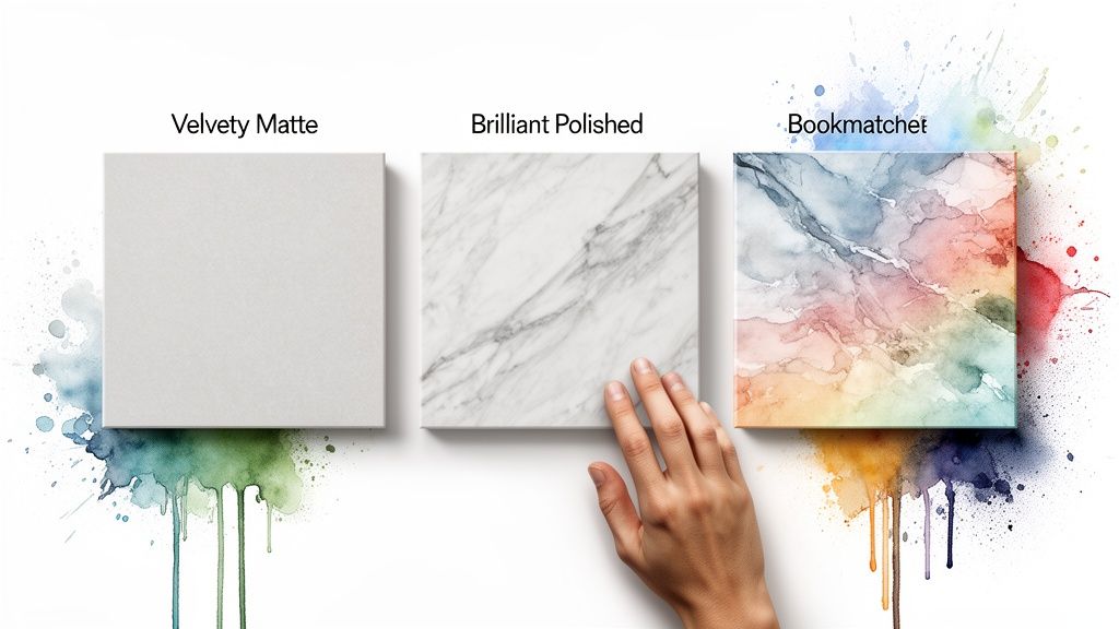 Three material samples: velvety matte, brilliant polished marble, and bookmatched colorful marble, with watercolor splashes.