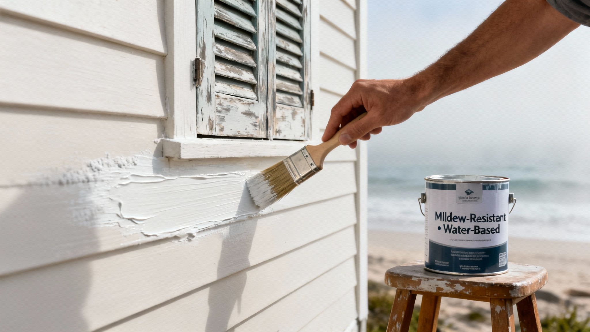 A person painting white house siding with a brush, using mildew-resistant paint near a beach.