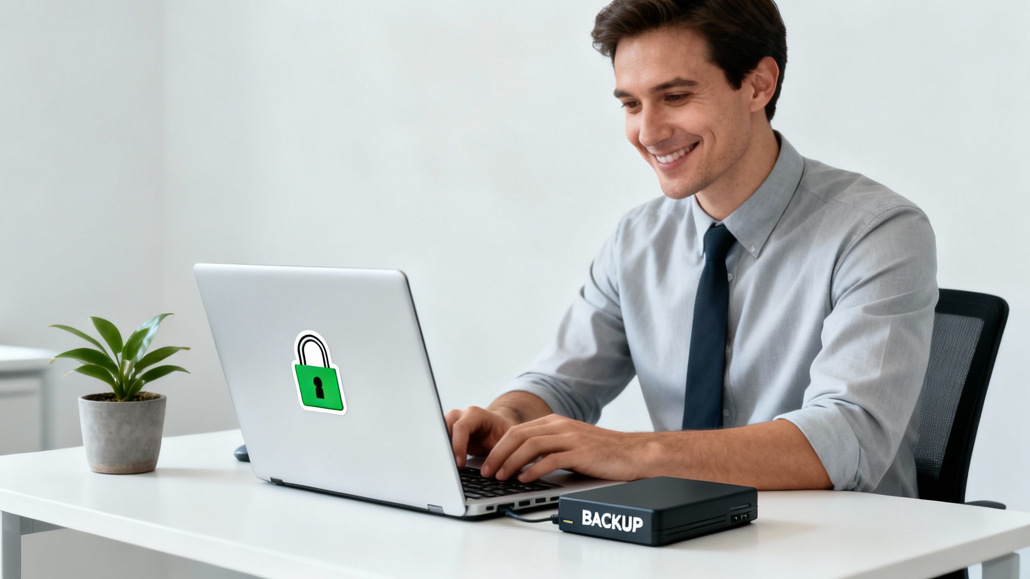 Smiling man uses a laptop with a green lock sticker and an external backup drive on a desk.