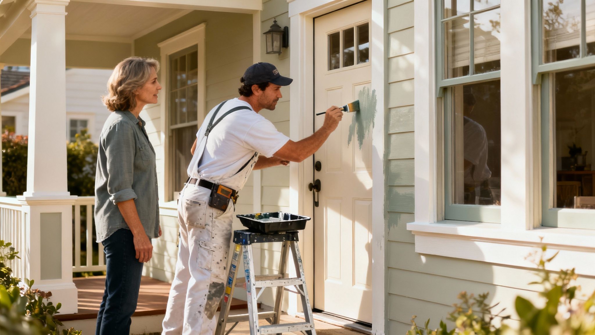 A close-up of a freshly painted front door, showing a vibrant color that contrasts with the home's exterior.