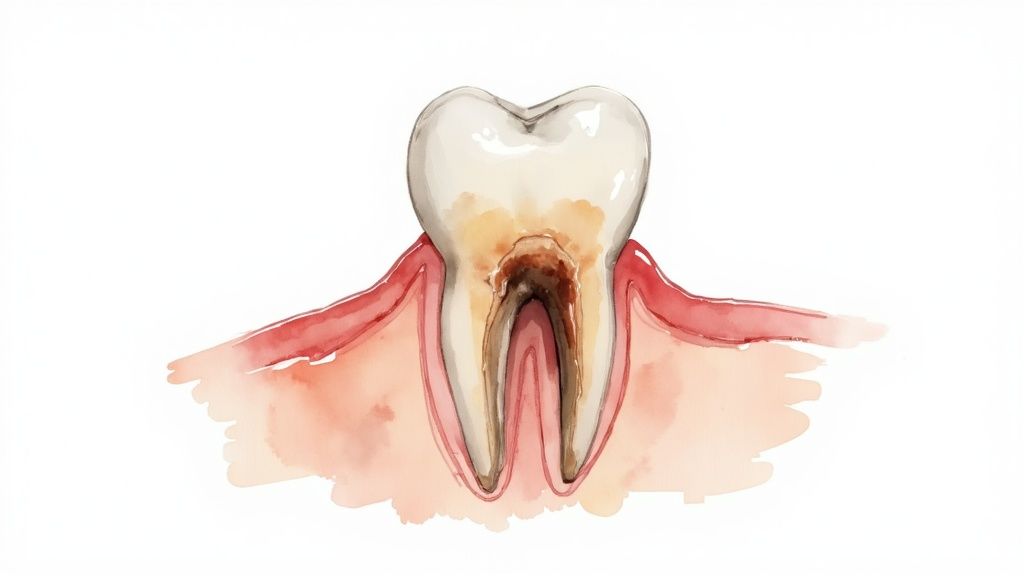 Watercolor illustration of a tooth with severe decay, showing cavities extending into the root, surrounded by healthy gums.