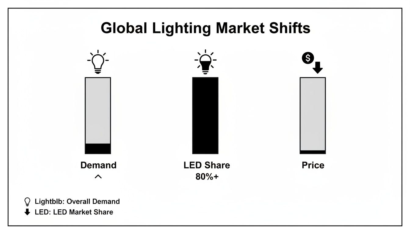 Infographic showing global lighting market trends: increasing demand, over 80% LED share, and decreasing prices.