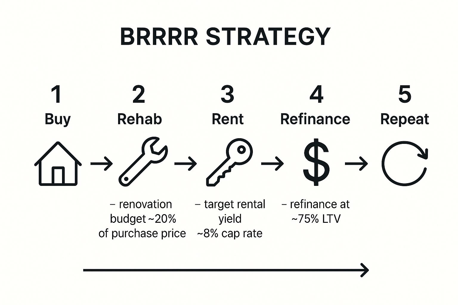 Infographic showing key data about BRRRR Strategy (Buy, Rehab, Rent, Refinance, Repeat)