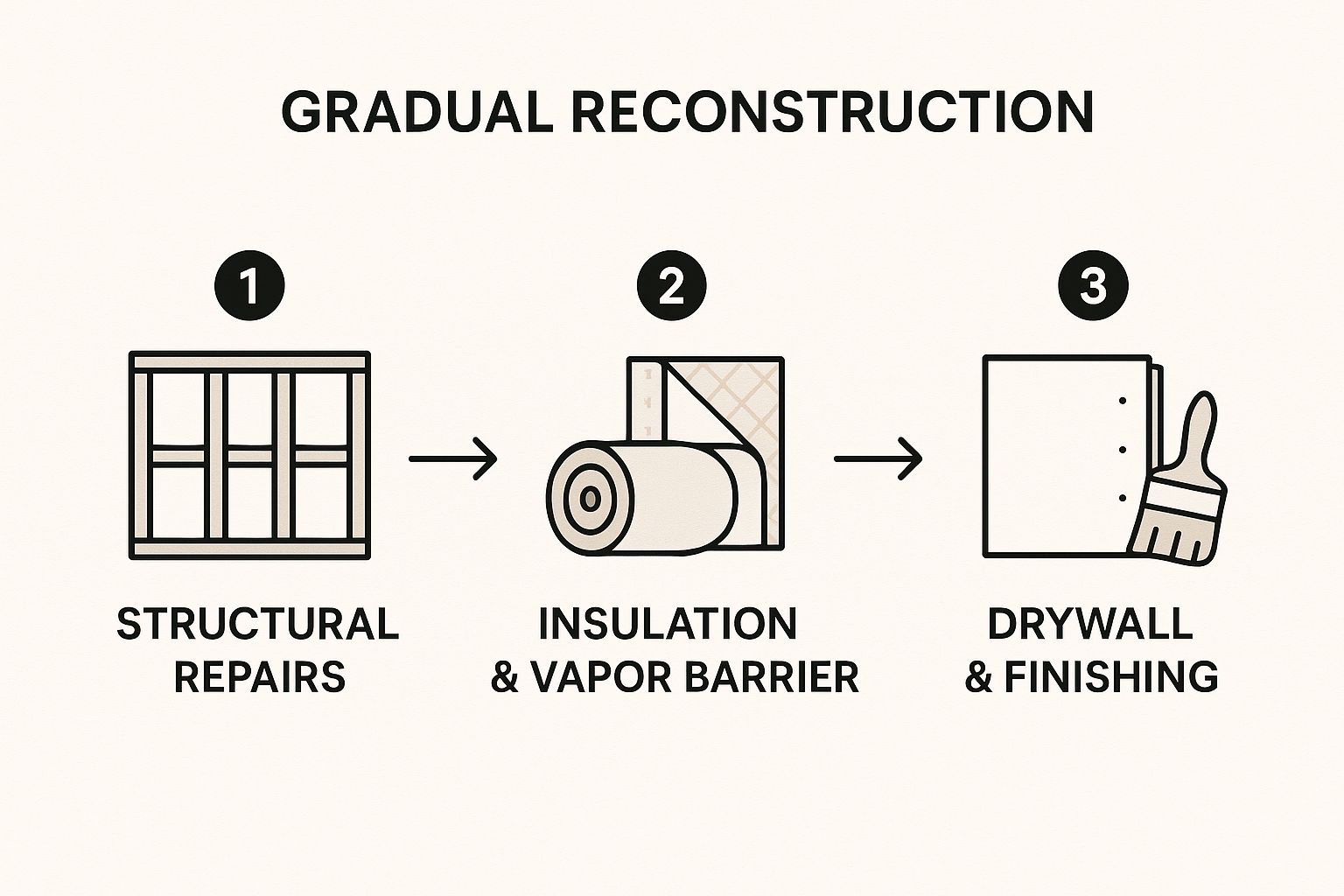 Infographic showing the three key steps of gradual reconstruction: 1. Structural Repairs, 2. Insulation & Vapor Barrier, and 3. Drywall & Finishing, connected by arrows.