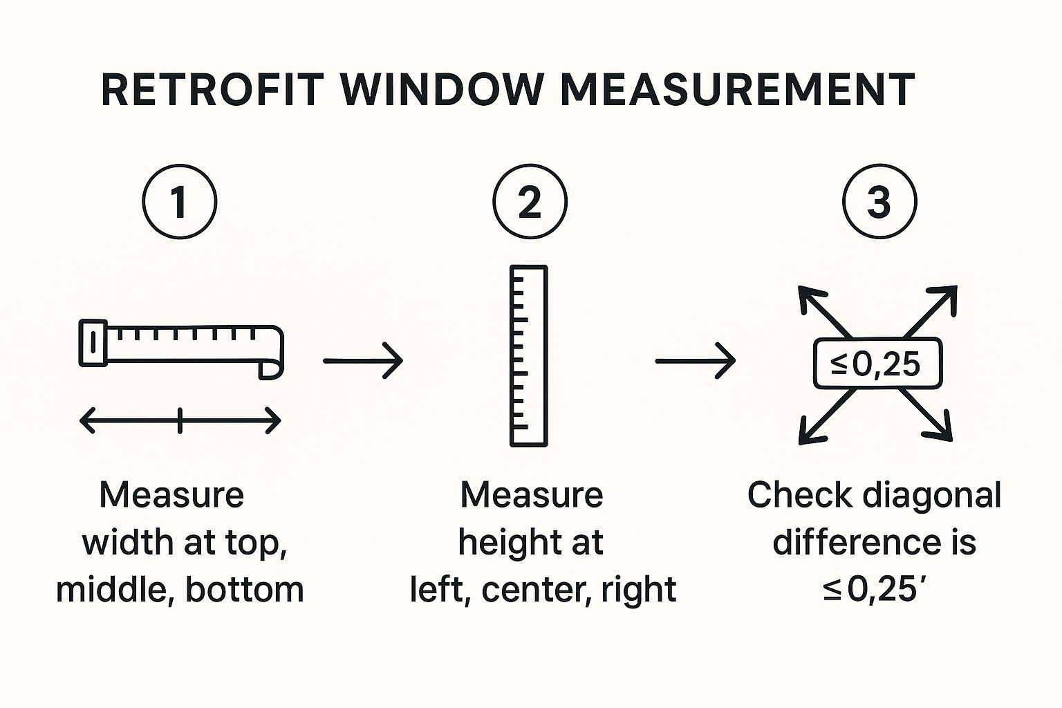 Infographic showing a three-step process for accurate retrofit window measurement: 1) Measure width at top, middle, and bottom. 2) Measure height at left, center, and right. 3) Check diagonal measurements to ensure the difference is 1/4 inch or less.