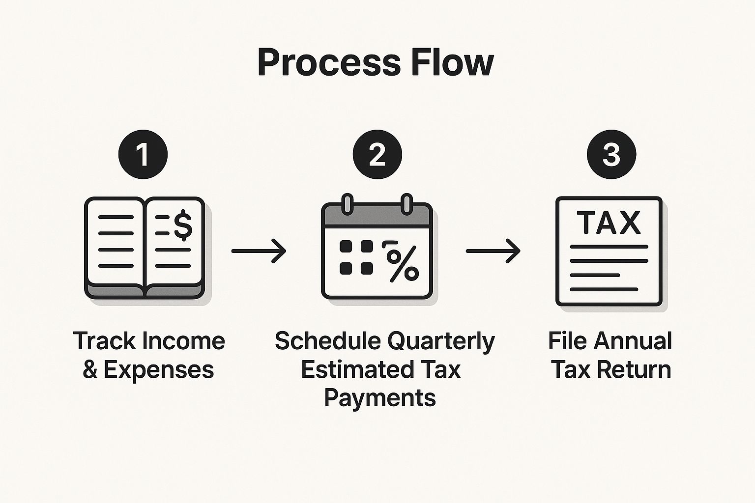 Infographic showing the three-step process for federal income tax compliance: 1. Track Income & Expenses, 2. Schedule Quarterly Payments, 3. File Annual Return.