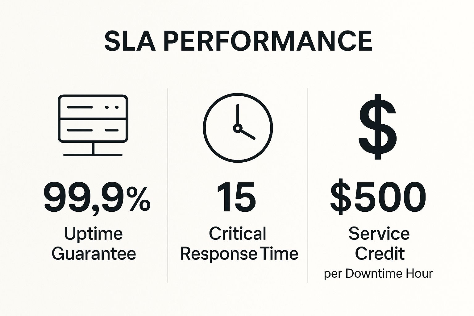 Infographic showing key security service level agreement (SLA) metrics, including a 99.9% uptime guarantee, a 15-minute critical response time, and a $500 service credit per hour of downtime.