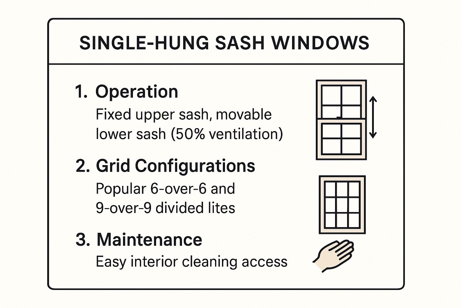 Infographic showing key data about Single-Hung Sash Windows with Traditional Grid