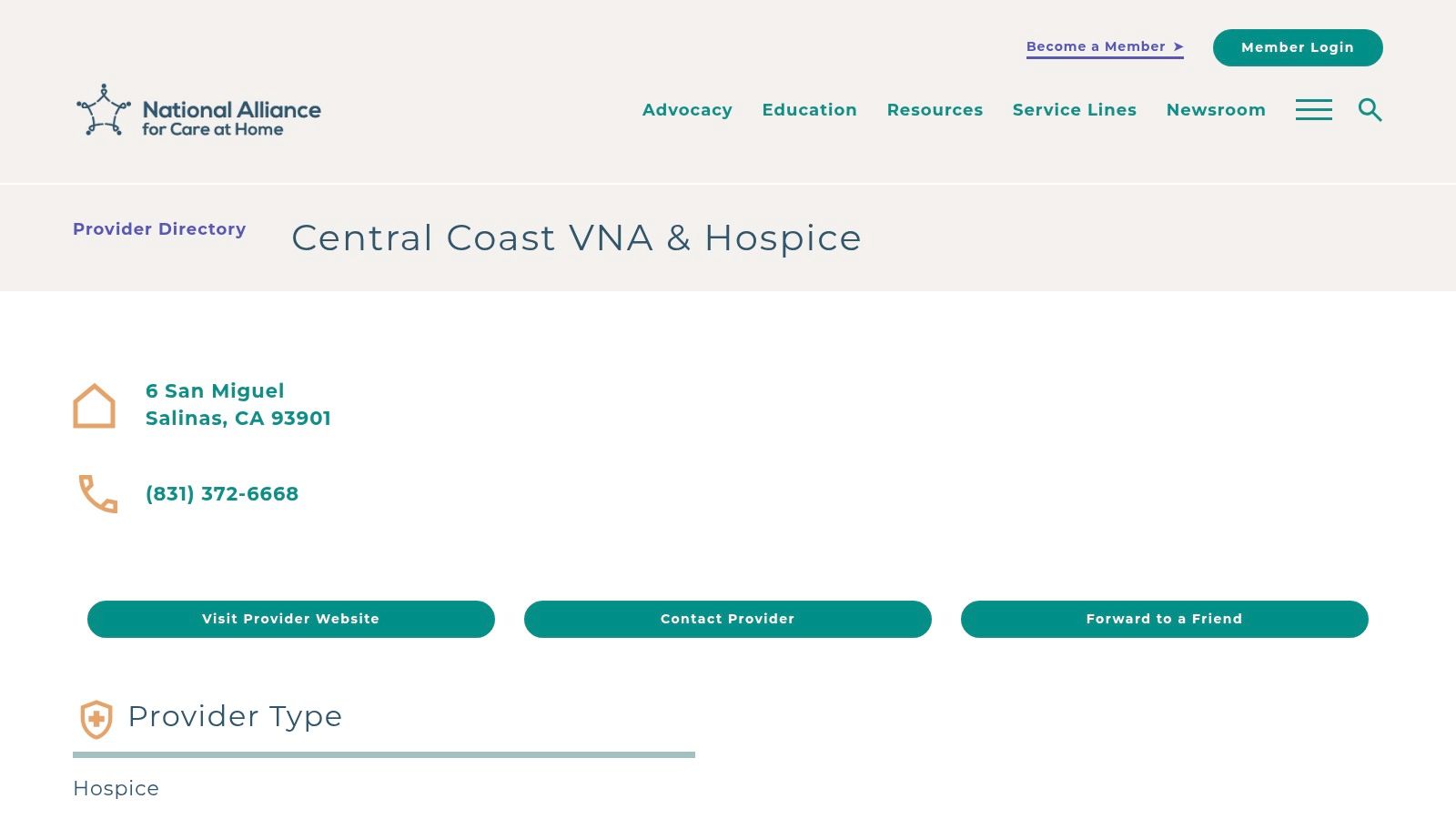 A screenshot of the National Hospice and Palliative Care Organization website showing the Central Coast VNA & Hospice provider listing.