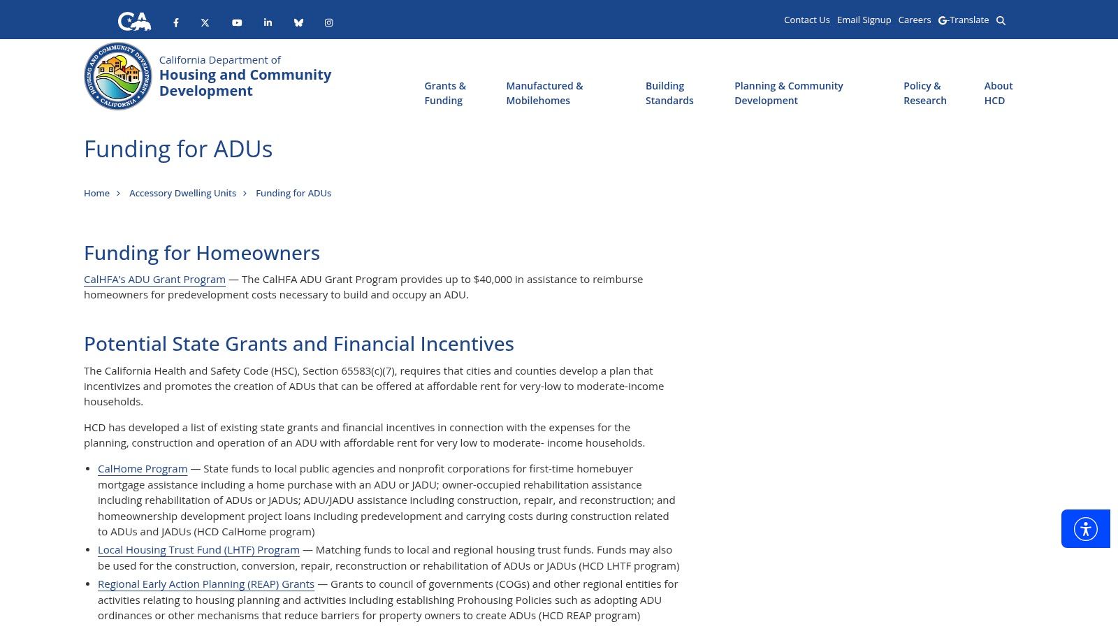 California HCD – Funding for ADUs (state program directory)