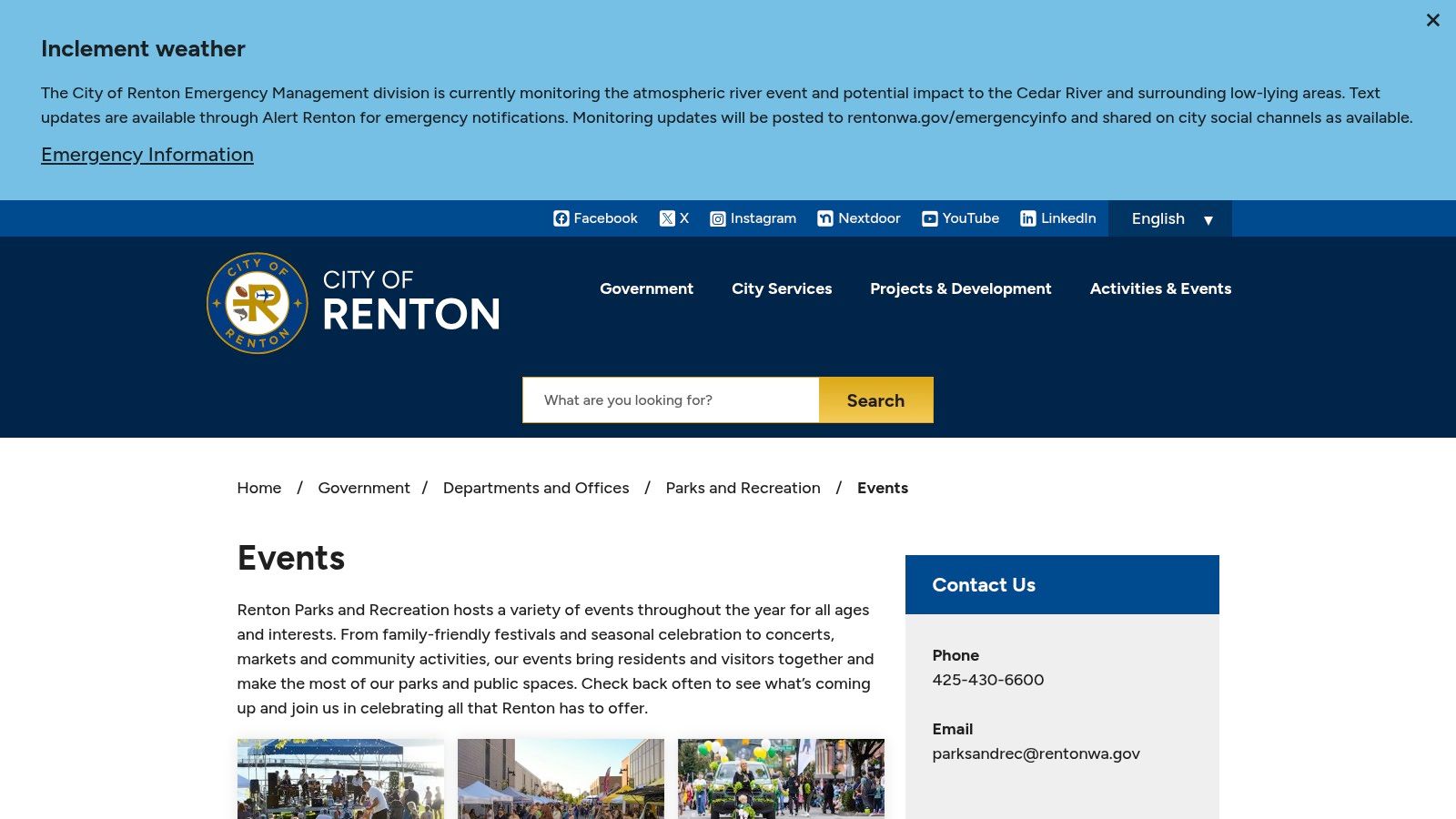 City of Renton – Parks & Recreation events calendar