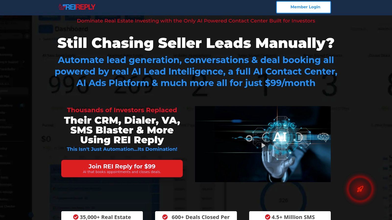 REI Reply dashboard showing campaign and lead management features.