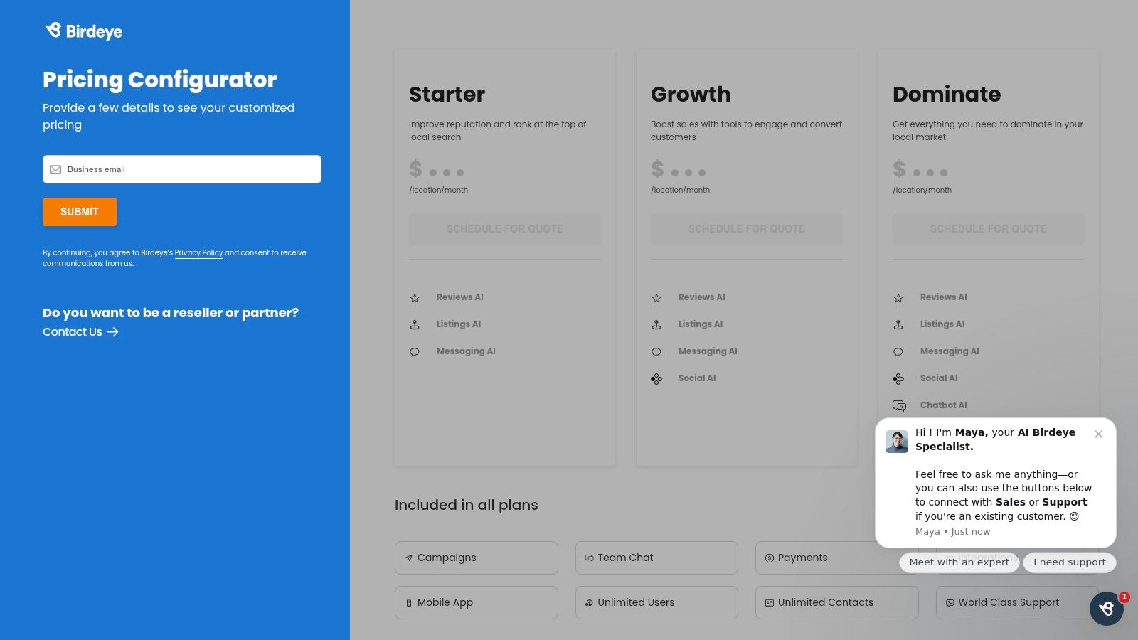 A screenshot of the Birdeye pricing page, illustrating the platform's various features for contractors.