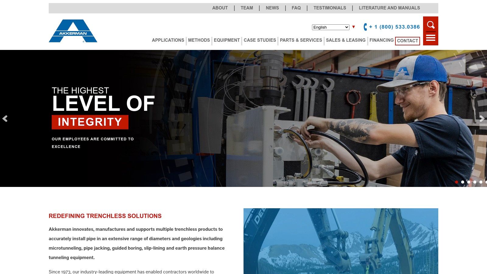 The Akkerman Inc. website homepage showcasing their specialized trenchless construction equipment.