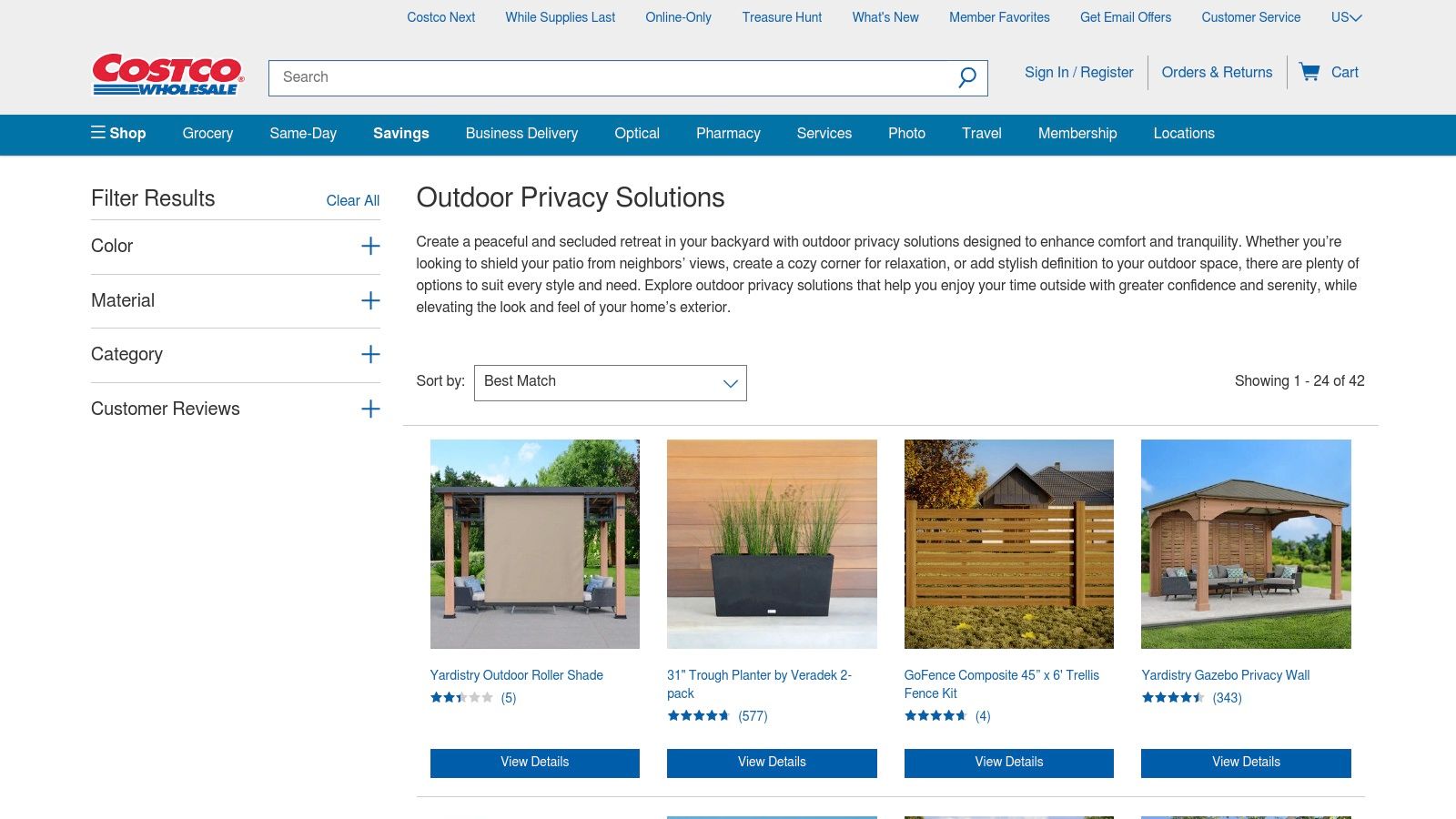 A screenshot of the Costco website showing a high-quality outdoor privacy screen product with a pergola-like top.