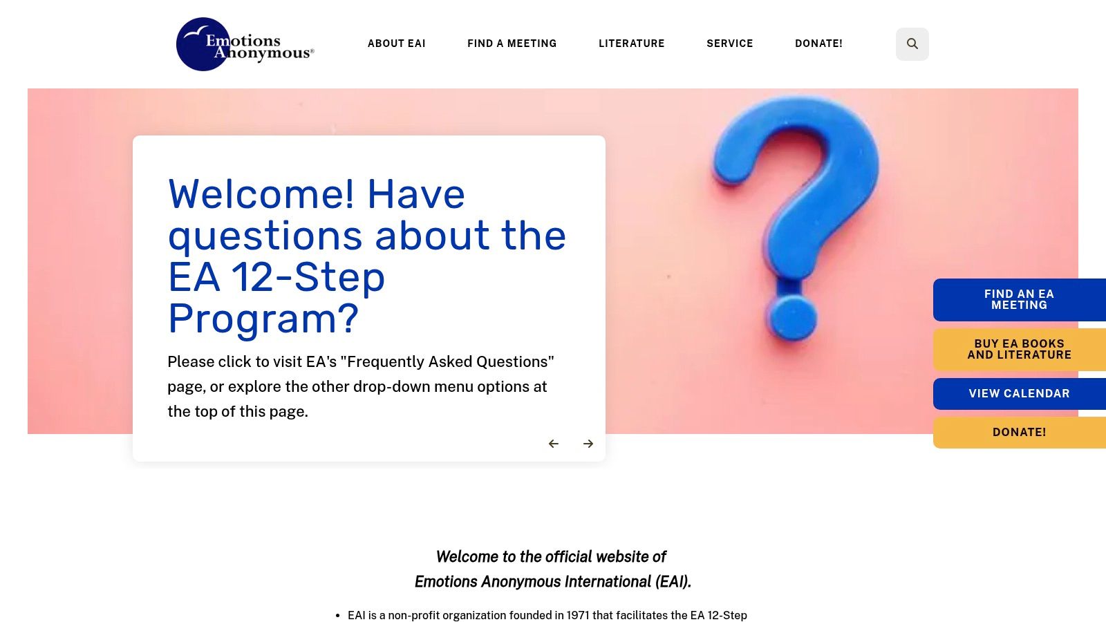 A screenshot of the Emotions Anonymous website, featuring the organization's logo and the message "a fellowship of people who share their experience, strength, and hope with each other."