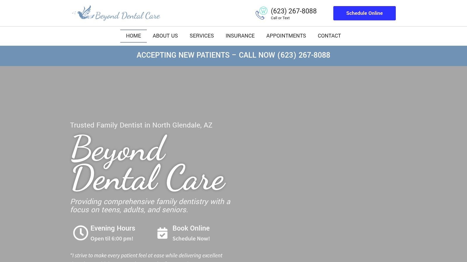 Beyond Dental Care's welcoming practice homepage, showcasing a comfortable patient experience.