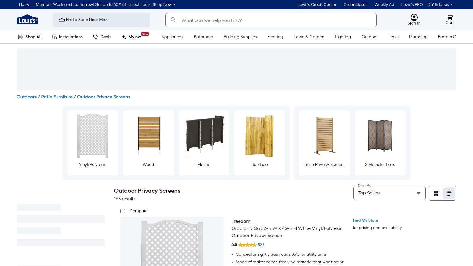 Lowe's website showing outdoor privacy screens, including vinyl lattice panels and decorative composite screens.