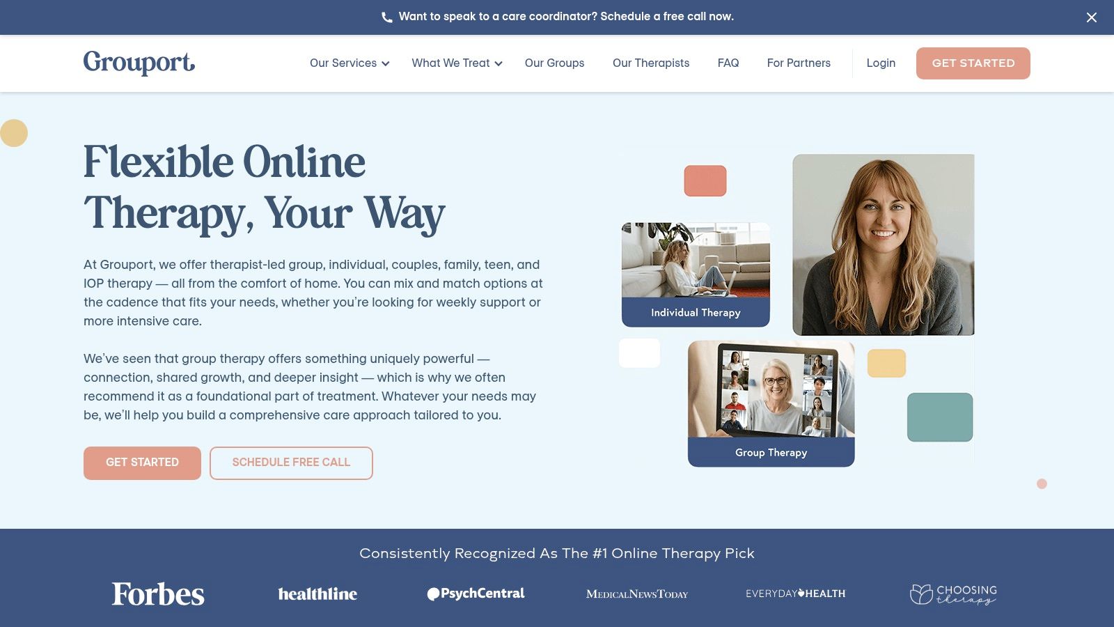 A screenshot of the Grouport Therapy website, showing a diverse group of people in a video call format with the text "Online Group Therapy with a Licensed Therapist."