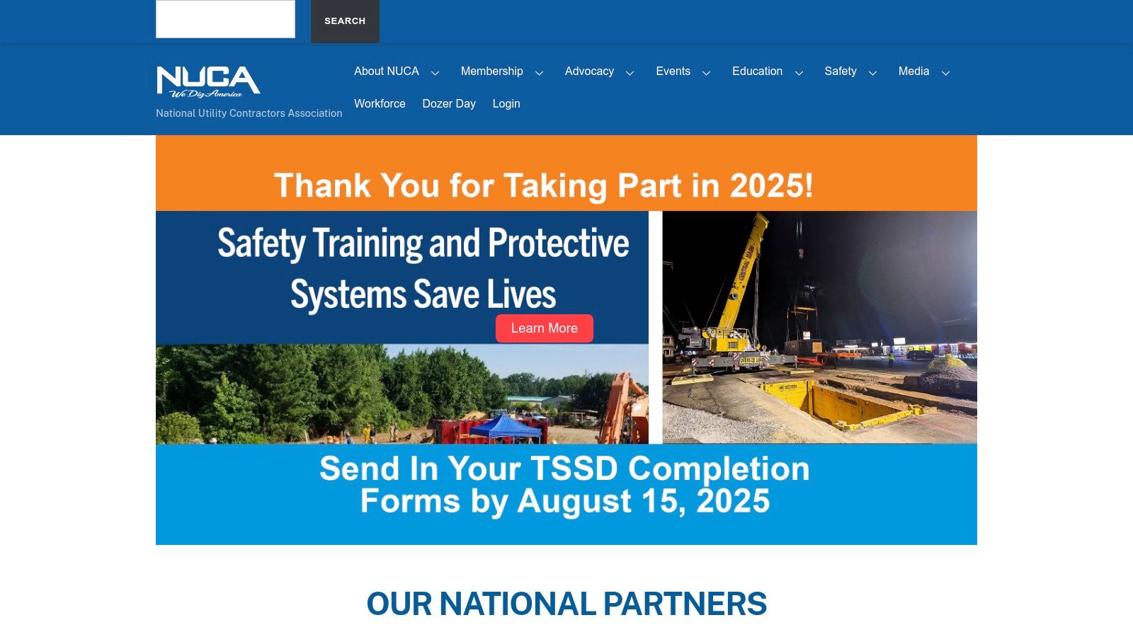 The homepage of the National Utility Contractors Association (NUCA) website, showing navigation and key information.