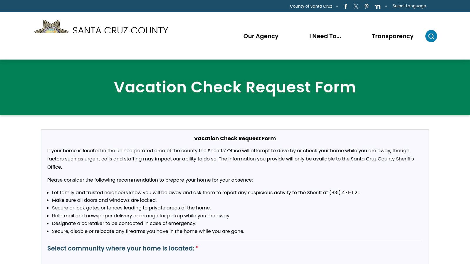 Santa Cruz County Sheriff’s Office — Vacation House Check (Free, unincorporated areas)