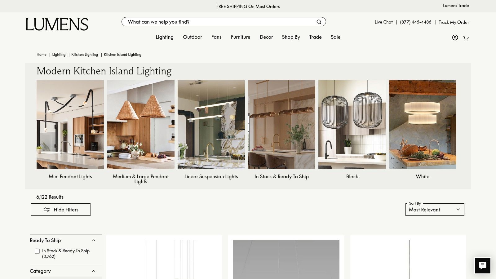 A screenshot of the Lumens website homepage, displaying a curated selection of modern and contemporary lighting fixtures. The design is clean and minimalist, emphasizing high-quality product imagery and designer brands.