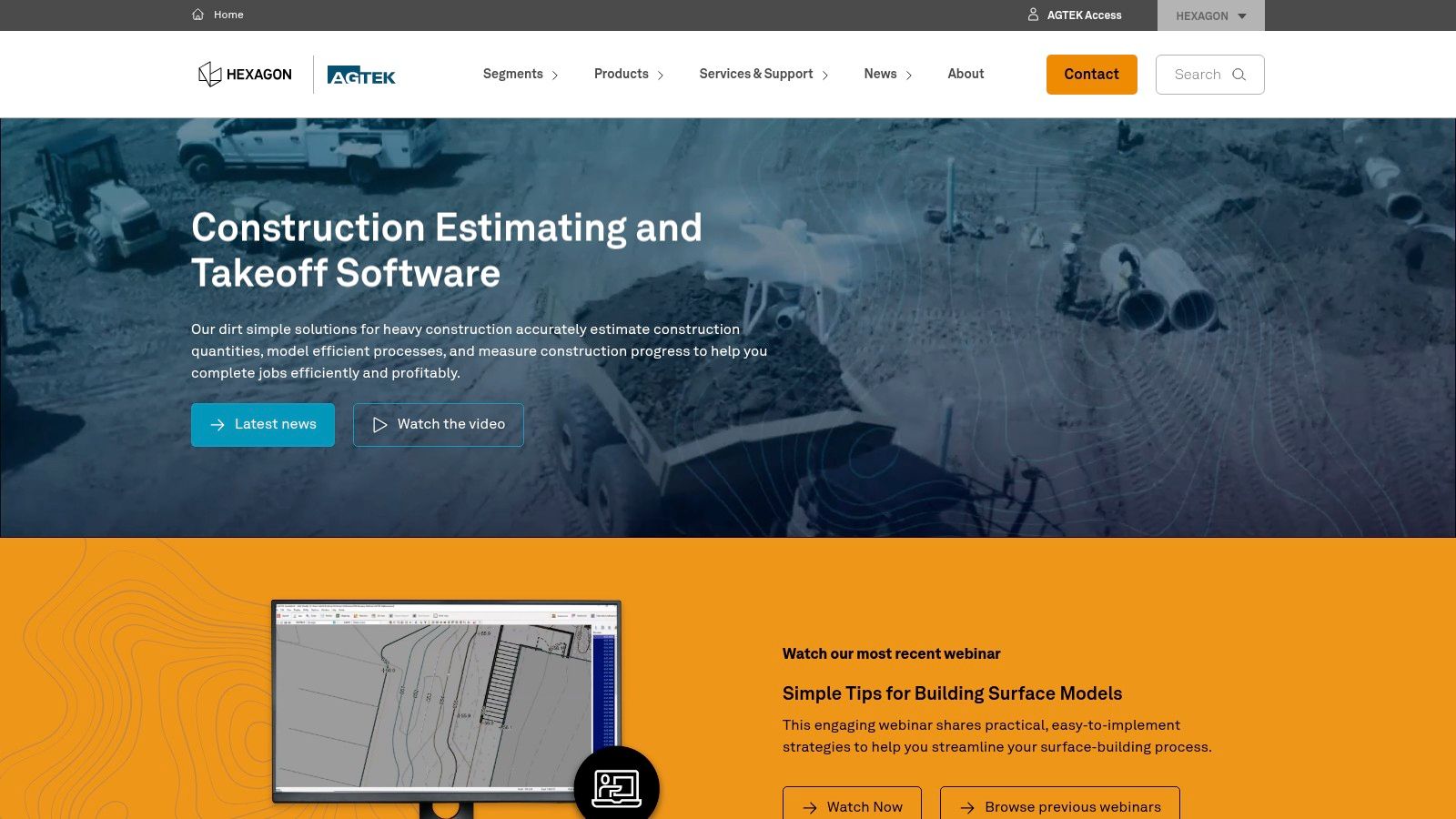 The homepage of the AGTEK Development Company website, showing their software solutions for construction.