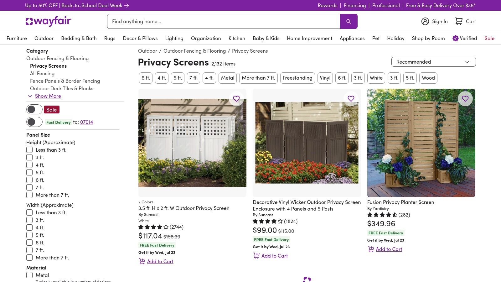 A screenshot of the Wayfair website showing various outdoor privacy screens, including decorative metal panels and freestanding screens.