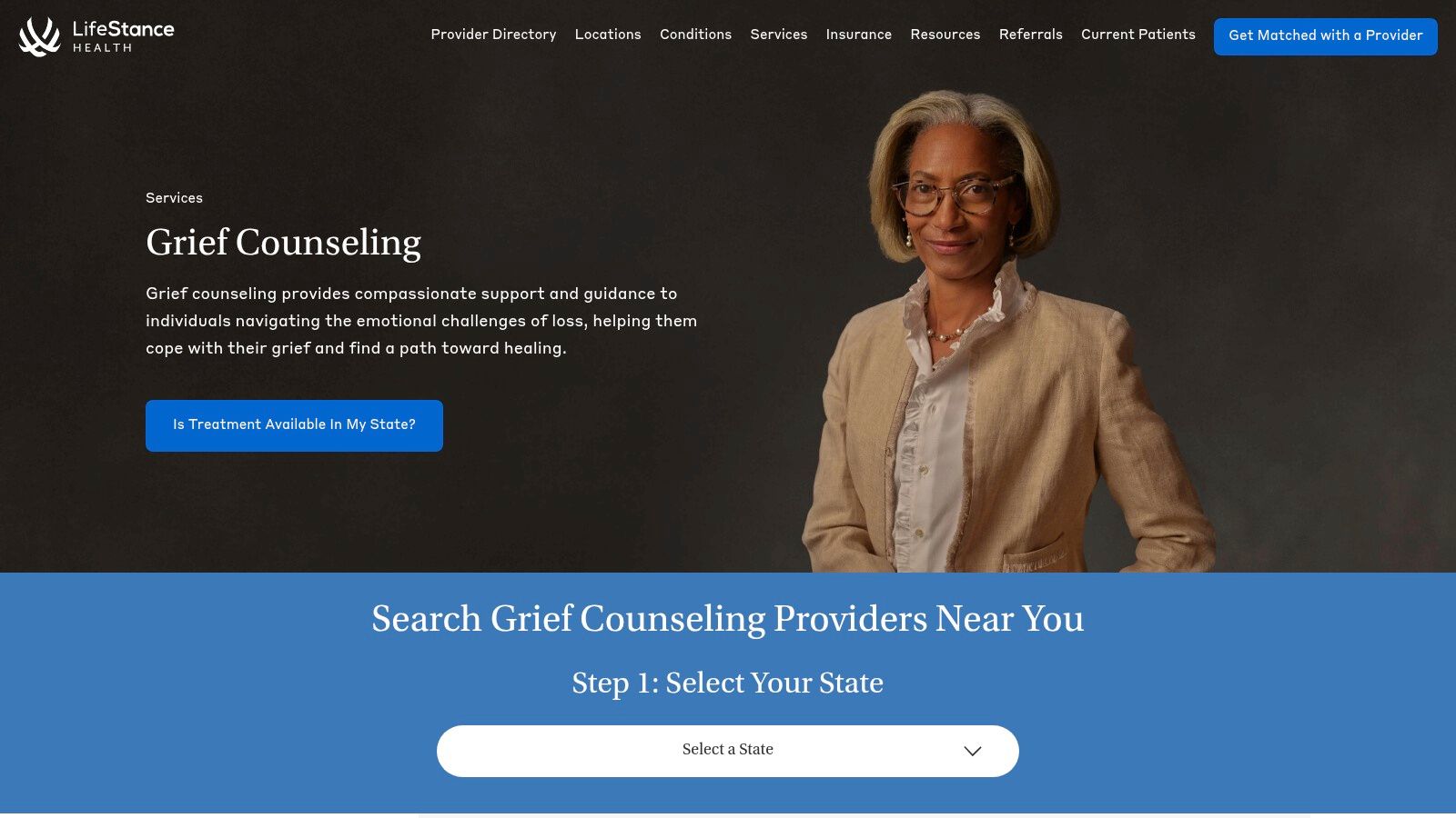 A screenshot of the Lifestance Health grief counseling page, showing a welcoming image and a clear call-to-action to find a therapist.