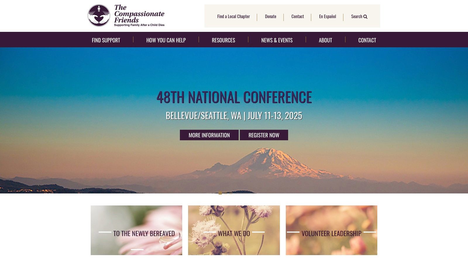 A screenshot of The Compassionate Friends website, showing their logo and the mission statement "Supporting Family After a Child Dies."