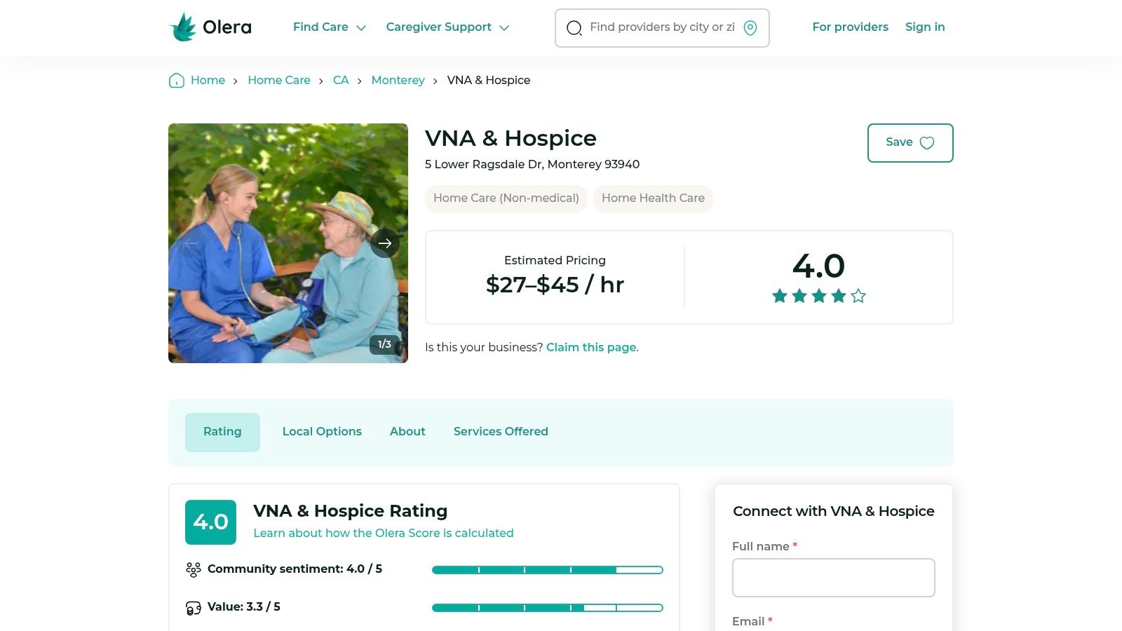Olera.care — VNA & Hospice Listing with Estimated Pricing