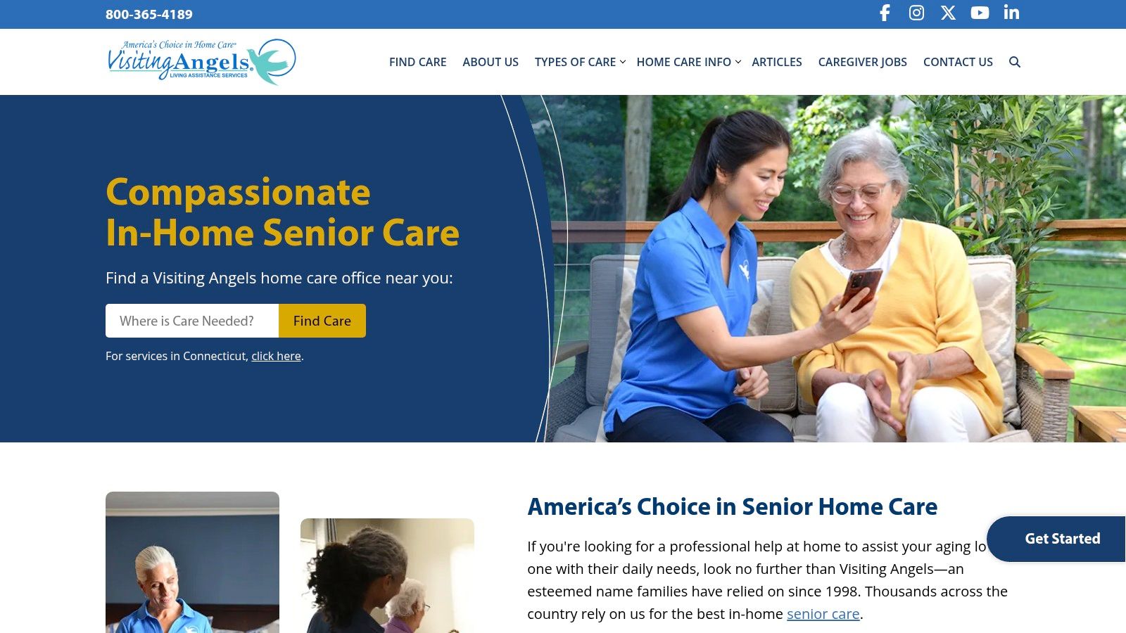 Visiting Angels website showing a senior and caregiver