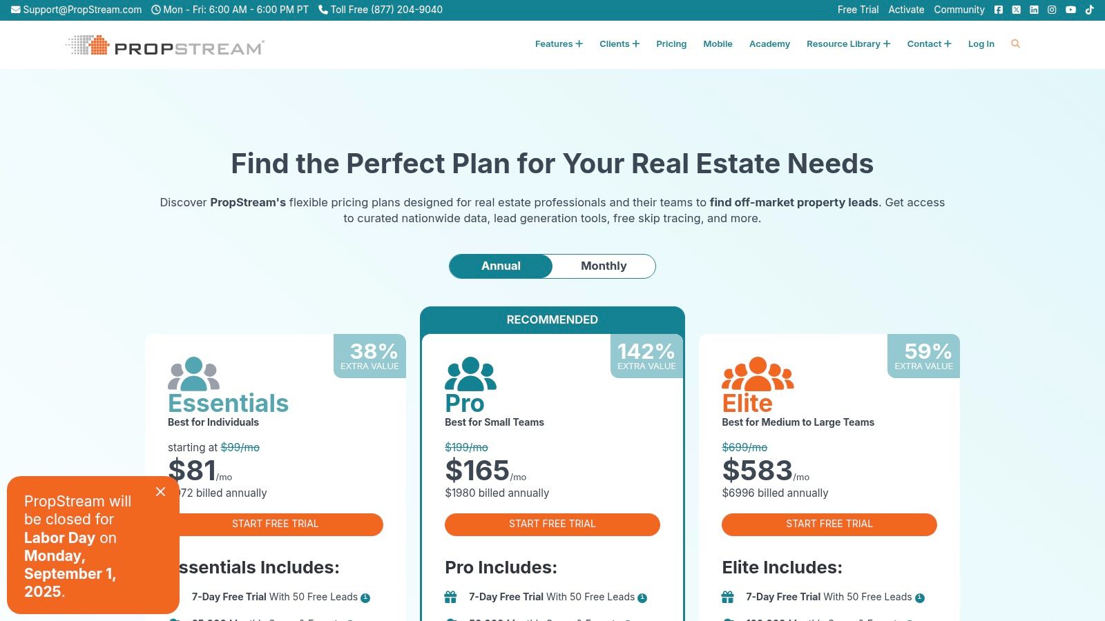 PropStream dashboard showing property search filters and map view.