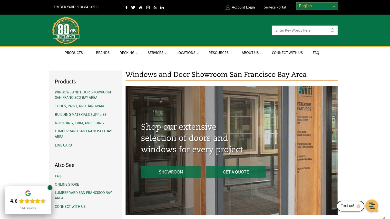A well-lit window and door showroom featuring various styles, including large patio doors and casement windows, allows customers to interact with products directly.