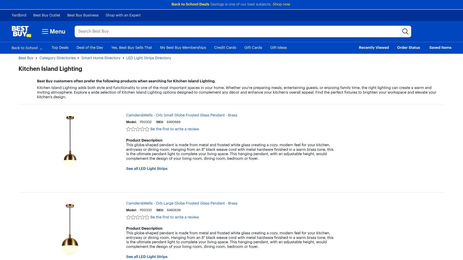A screenshot of the Best Buy website showing a search results page for kitchen island lighting. The page displays several modern and smart-enabled pendant lights, with options to filter by brand and features on the side.