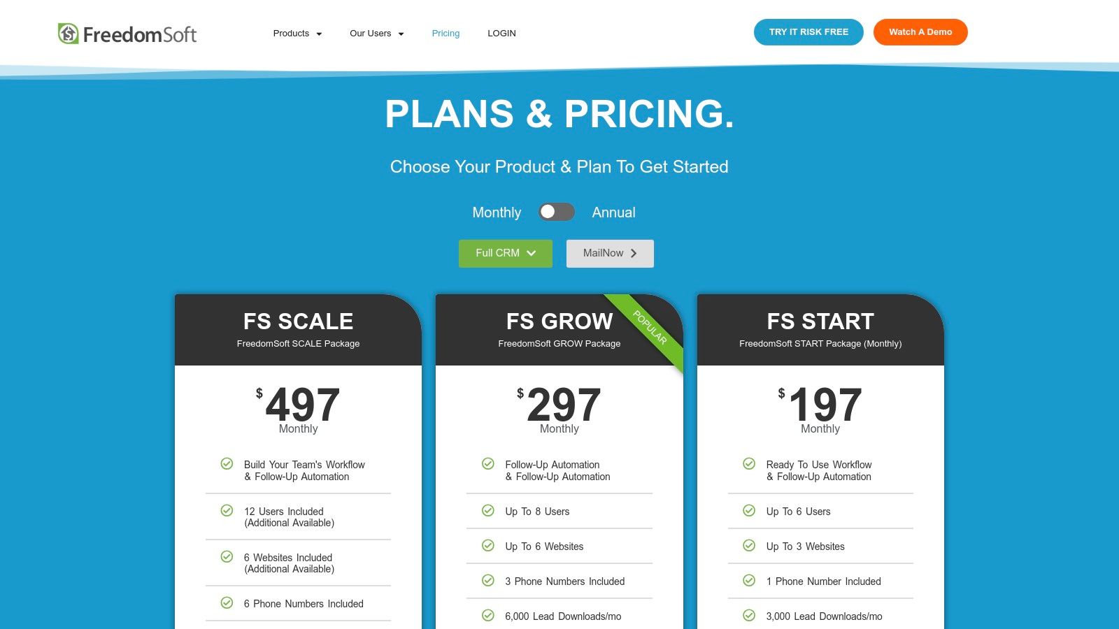 FreedomSoft dashboard showing lead management and deal pipeline.