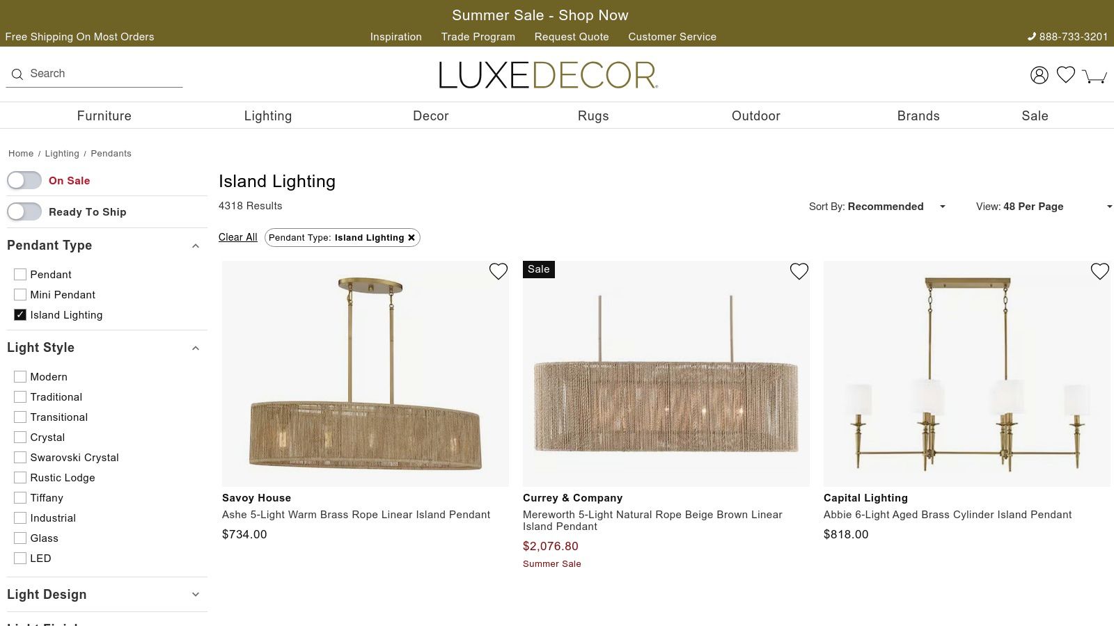 A screenshot of the LuxeDecor website showcasing a high-end, multi-light kitchen island fixture. The page features detailed product images, specifications, and a clean, premium design aesthetic.