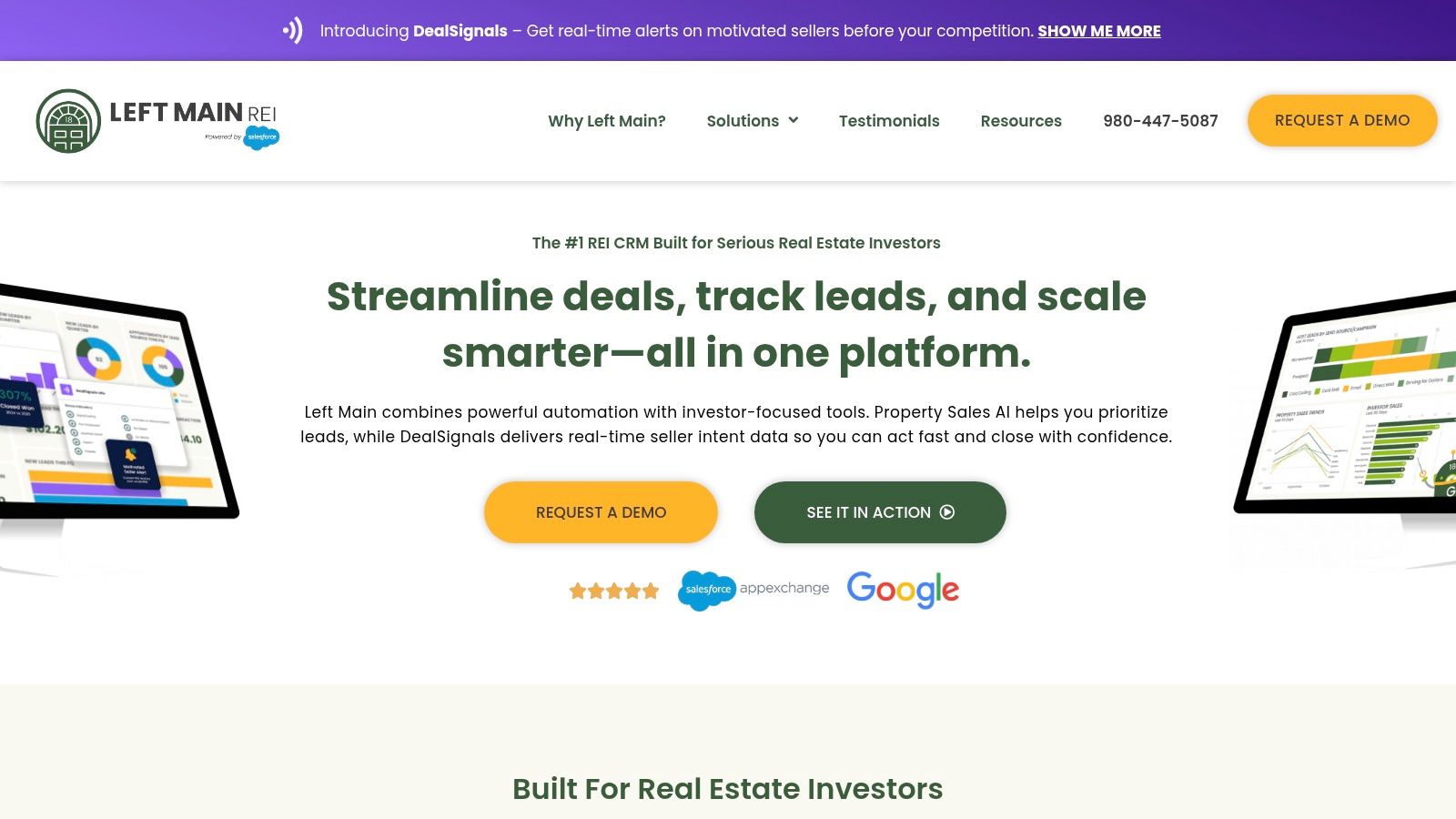Left Main REI CRM dashboard showing deal pipelines and analytics on the Salesforce platform.
