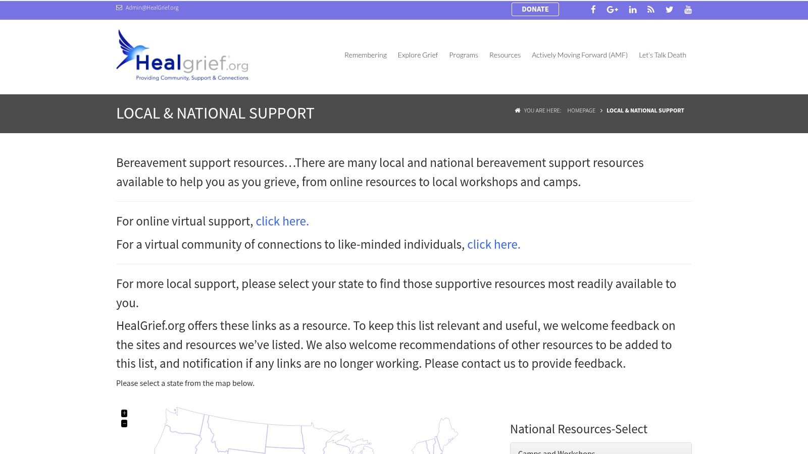A screenshot of the HealGrief website's resource page, featuring a search bar and categories for finding support.