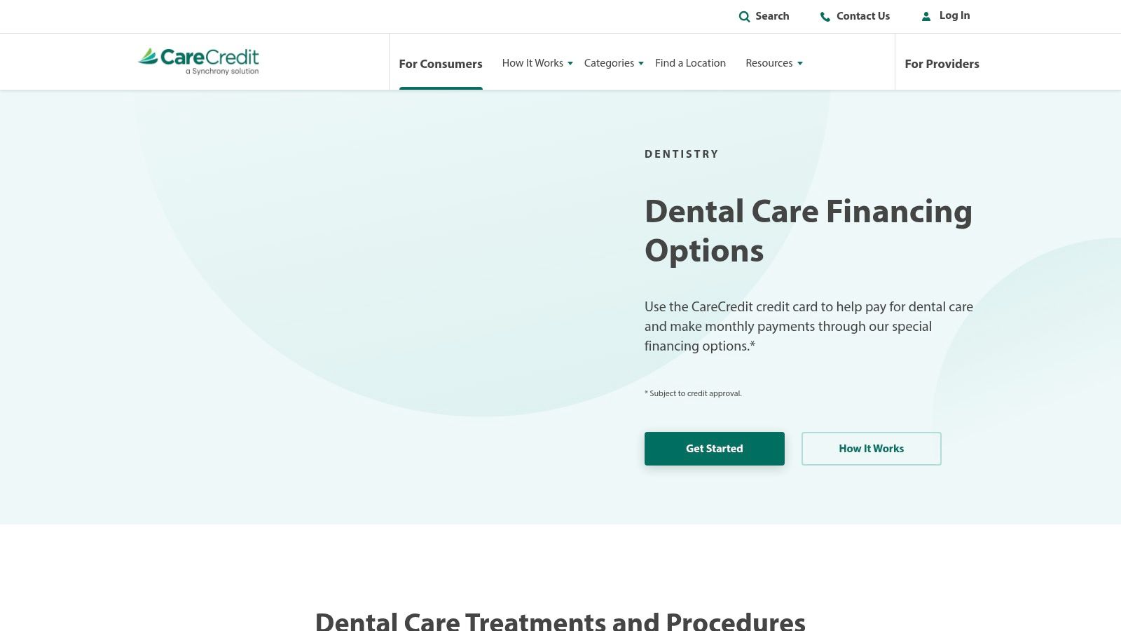 CareCredit website interface showing dental financing options.