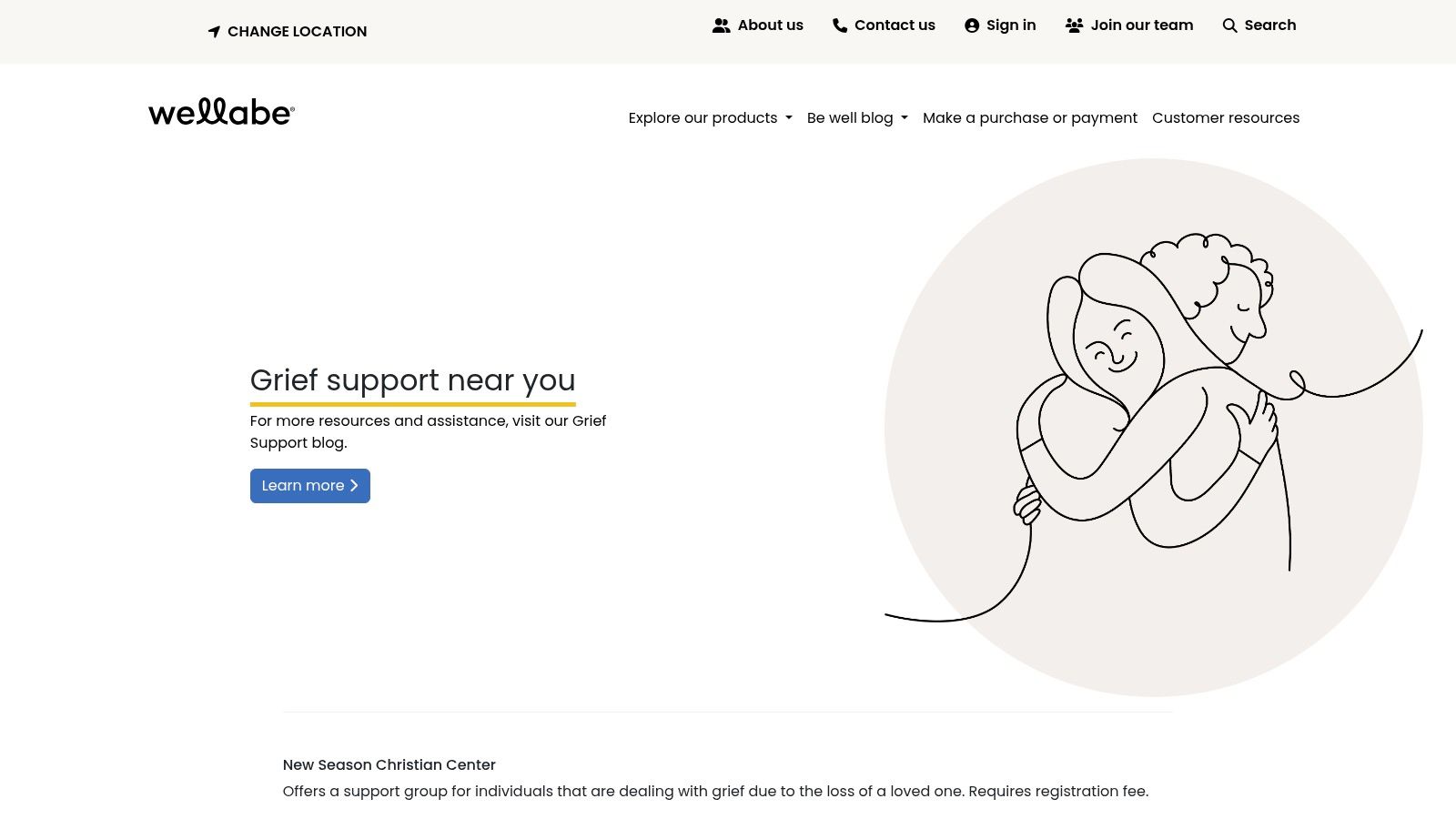A screenshot of the Wellabe Grief Support Lookup homepage, showing a simple search interface with location and keyword fields.