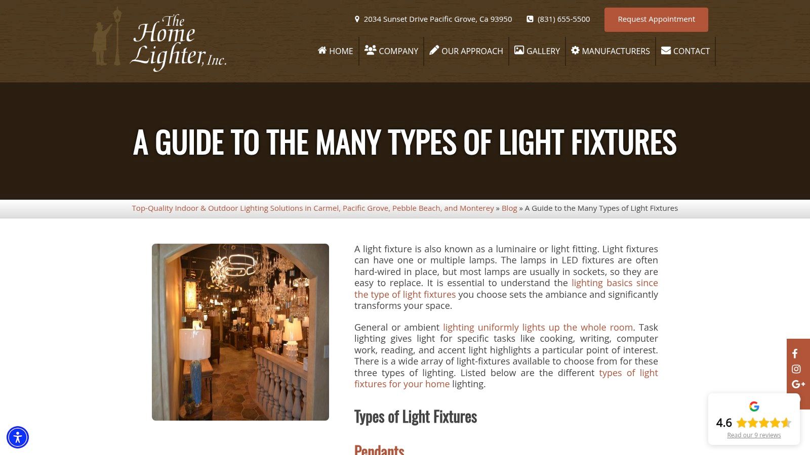 The Home Lighter Inc. showroom featuring various lighting fixtures.