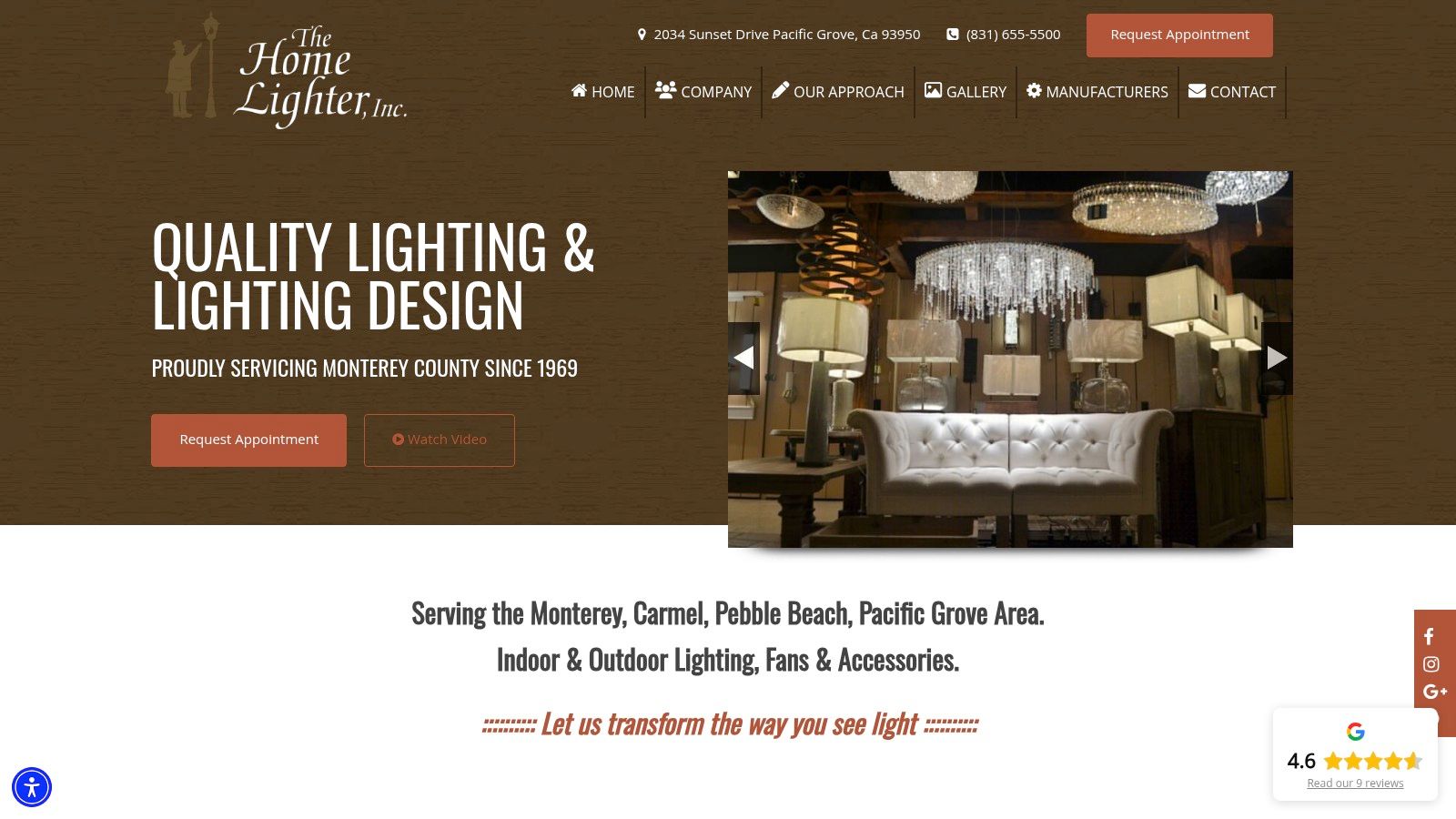 The Home Lighter Inc. showroom featuring a variety of modern and classic lighting fixtures.