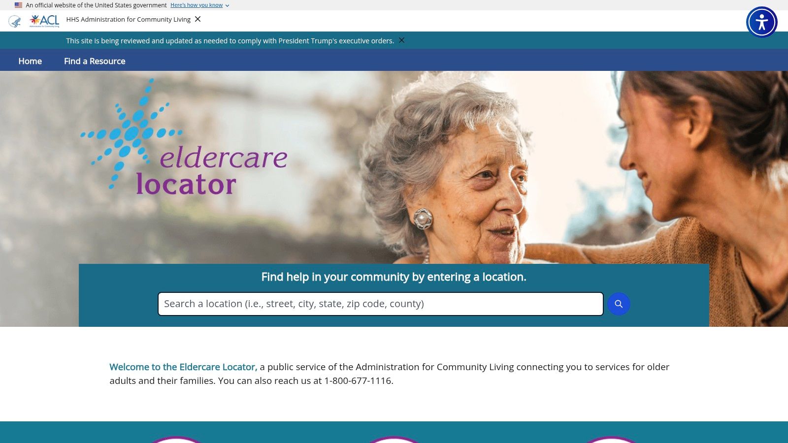 Eldercare Locator search tool showing options for finding local aging support