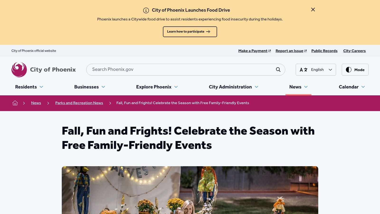 City of Phoenix Parks & Recreation website screenshot showing fall events.